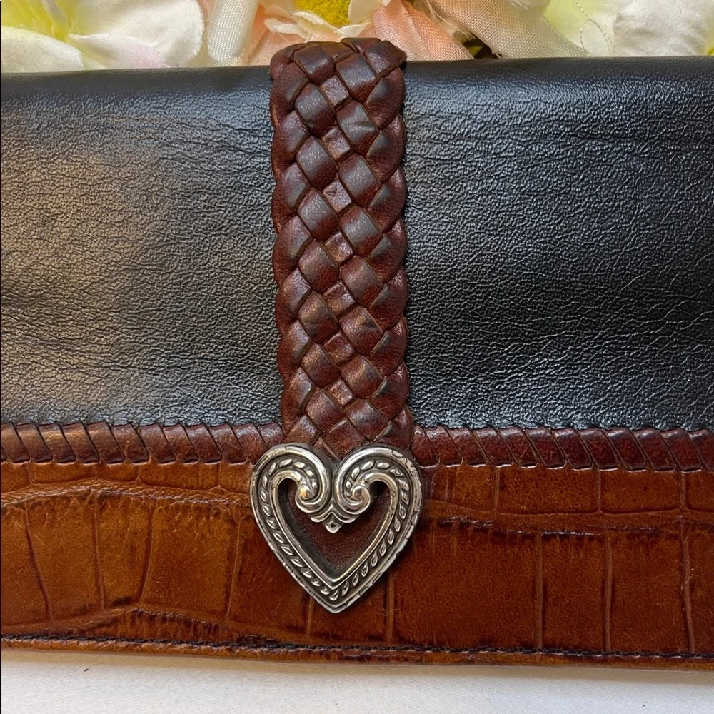 Brighton Vintage Black and Brown Wallet with Silver Heart Accent EUC